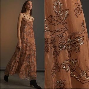 NEW WITH TAGS Anthropology Maeve Sequined Tulle Slip Dress Maxi Brown Black